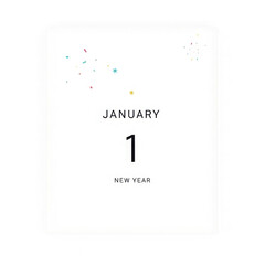 January 1st new year celebration card with colorful confetti isolated on transparent background