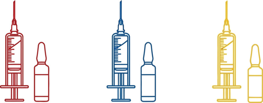 Three sets of medical syringes and vials illustration on transparent background