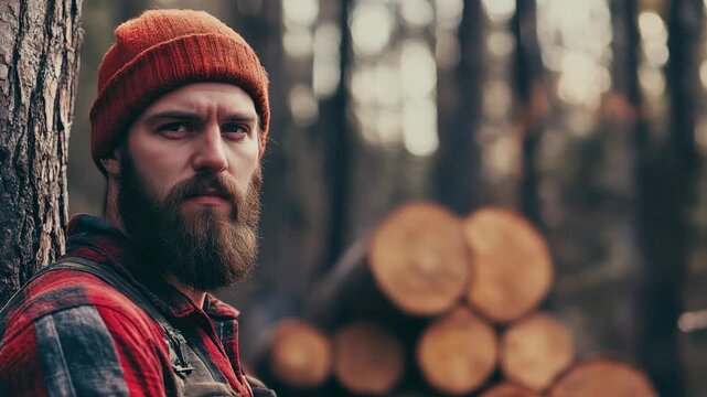 Bearded Caucasian man in woodland area, wearing red knit hat and plaid shirt, serious expression Logs background