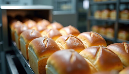 Freshly baked bread on conveyor in bakery factory setting with copy space