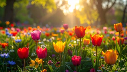 Obraz premium Colorful tulip field at sunset evokes natural beauty, seasonal serenity, and floral symmetry in golden light