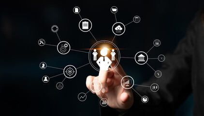 A concept of centralized business management and corporate strategy. A leadership team connecting to all functions like finance, operations, and planning. Motif