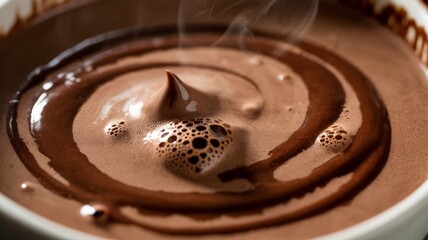 Macro close-up of steaming hot chocolate with creamy swirls and bubbles in a mug