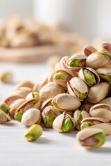 Pistachios creating a stack on a rustic white wood background, offering a nutritious and tasty food choice