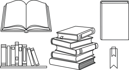 Line art vector set of 5 Book positions open book closed book stack of books bookshelf row and bookmark