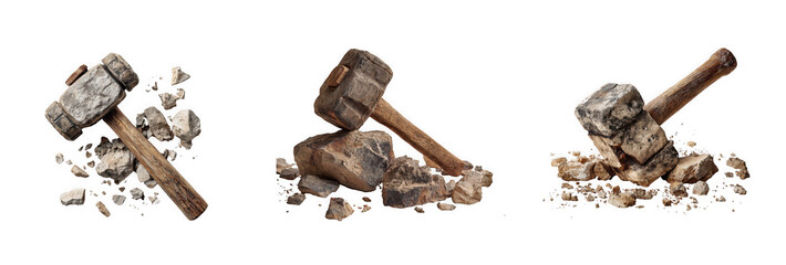 Three wooden mallets in various states of destruction with shattered fragments on transparent background high quality