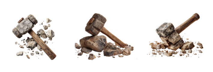 Three wooden mallets in various states of destruction with shattered fragments on transparent background high quality