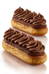 Two chocolate eclairs displaying golden choux pastry filled with dark chocolate cream and topped with swirling ganache