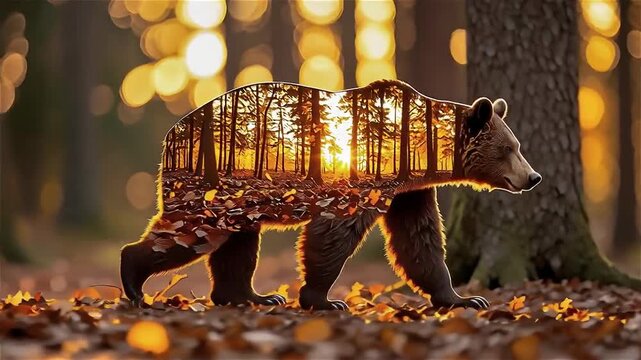 Bear silhouette walking through autumn forest with sunset, leaves, trees, and nature wildlife in warm golden light double exposure image