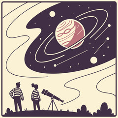 Two astronomers observing saturn © Bf