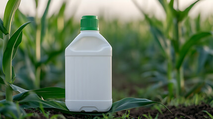Blank bottle with green cap resting on a corn leaf in a corn field. Perfect for agricultural products or concepts of farming, fertilizers, crop yields. Copy Space.
