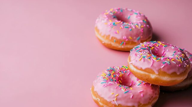 Three pink frosted donuts with sprinkles on background