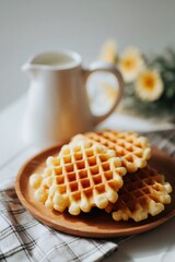 Waffles stacked on wooden plate with plaid napkin, fresh breakfast food, milk pitcher, and yellow flowers