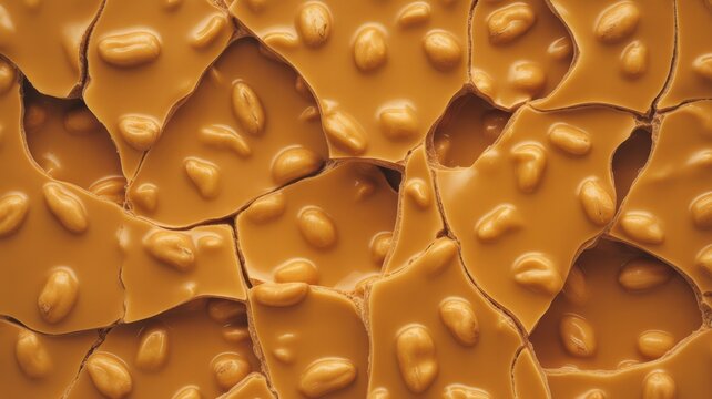 Macro texture of golden brown peanut brittle with whole roasted peanuts pieces