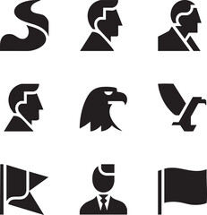 Collection of black silhouette icons representing people birds and national symbols