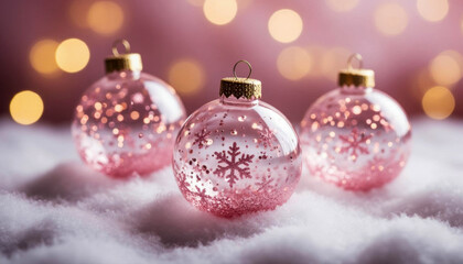Pink Glass Christmas Ornaments on Snow with Bokeh Effect