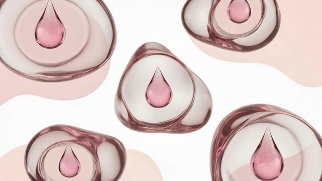 Transparent Containers with Pink Liquid Droplets on White Background