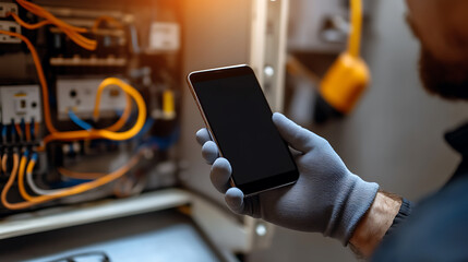 An electrician wearing protective gloves uses his mobile phone to check the electrical panel. Wires and components are inside the panel providing power to the building.