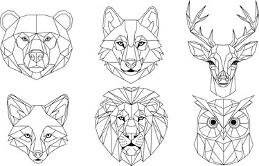 Outline illustration set of 6 Geometric Animals polygonal bear wolf deer fox lion and owl faces