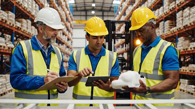 Warehouse worker team collaborating on logistics and inventory management - Powered by Adobe