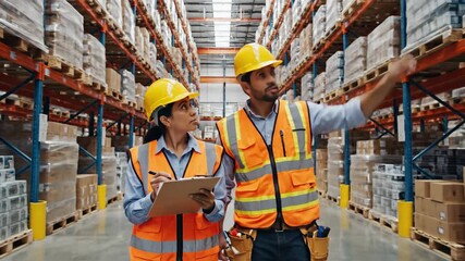 Warehouse worker team collaboration checking inventory in modern storage facility - Powered by Adobe