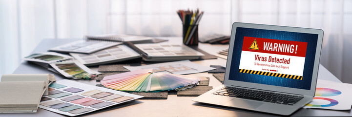 Virus warning alert on computer screen detected brisk cyber threat , hacker, computer virus and malware