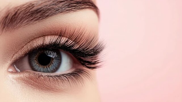 Close-up of eye with long eyelashes and well-defined eyebrow against pink background