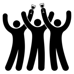 Black silhouette people celebrating together raising arms and wine glasses in simple flat icon style illustration