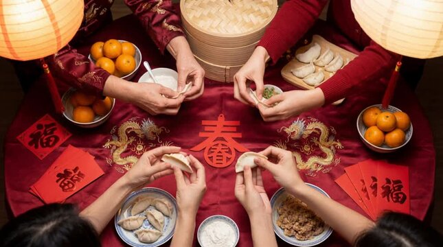 Family members' hands making traditional dumplings together for Chinese New Year, top view with static camera