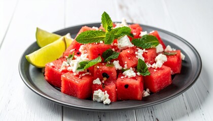 Refreshing Watermelon Feta Salad with Fresh Mint and Lime on a Dark Plate