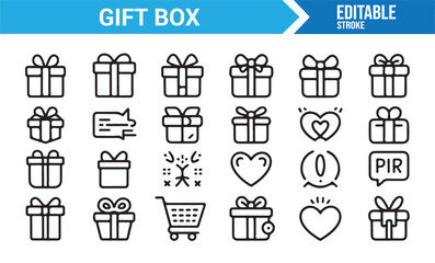 Birthday and celebration gift box line style icons