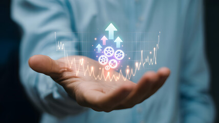 Person holding floating gears and up arrows for business growth and process optimization concept.png