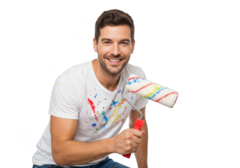 Man with paint roller isolated on transparent background