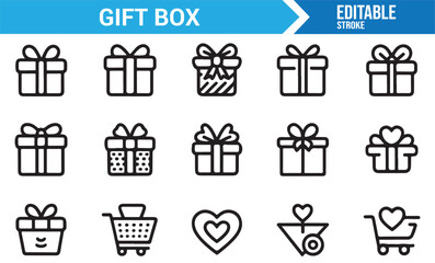 Wrapped present and ribbon line icons collection