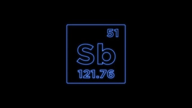 Antimony periodic table element symbol hologram, chemical element Periodic Table, atomic weight element number on black background in 4K