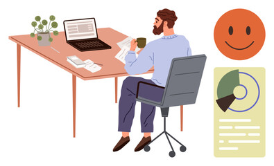 Man seated in an office chair at a desk with a laptop, documents, and coffee. Plant, happy face, and infographic nearby. Ideal for remote work, productivity, business analysis strategy focus