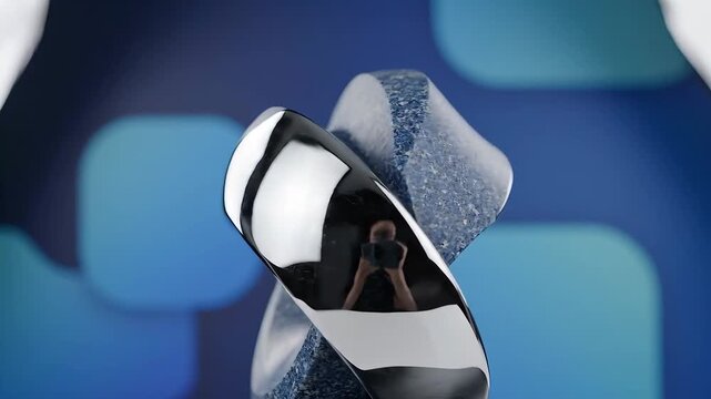 Abstract chrome ring rotating on a textured blue sphere with a dynamic background.