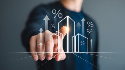 Real estate market analysis showing property growth charts and percentage icons being interacted with by a businessman, investment concept..png