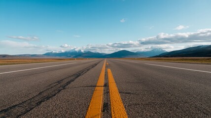 Long Straight Asphalt Road Stretching Toward Distant Snow-Capped Mountains Under a Clear Blue Sky, Concept of Travel and Adventure