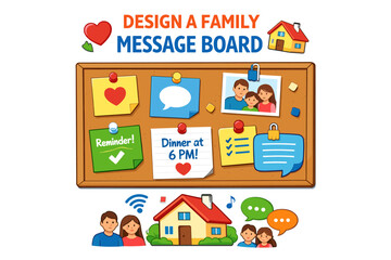 Naklejka premium Family message board design with cute illustrations and family photos