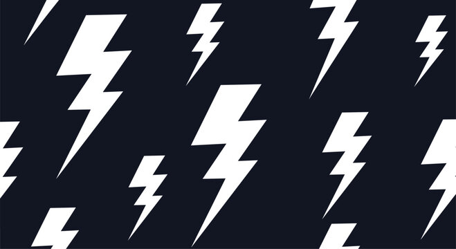 Minimalist seamless pattern with sharp white lightning bolts of various sizes on a solid dark black background.