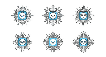Set of six blue computer chip icons with cute smiling faces and circuit board connections representing friendly artificial intelligence.