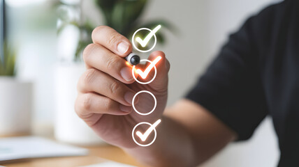 Success and Goal Achievement Concept with Hand Drawing Glowing Checkmarks on Digital Interface for Completion of Tasks.png