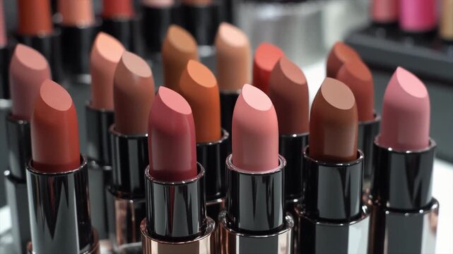 Assortment of Various Shades of Lipstick Lying Open in a Row makeup beauty
