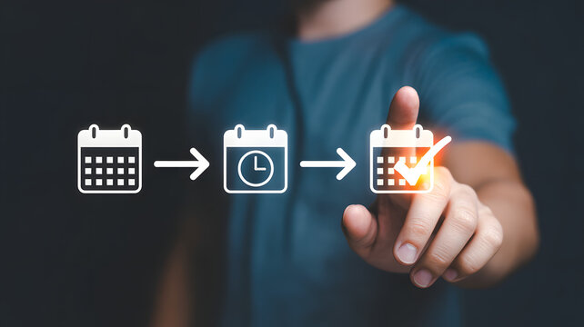 Successful project completion and scheduling concept with businessman interacting with a digital calendar timeline..png - Powered by Adobe