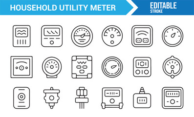 Household utility meter outline icons set for energy monitoring