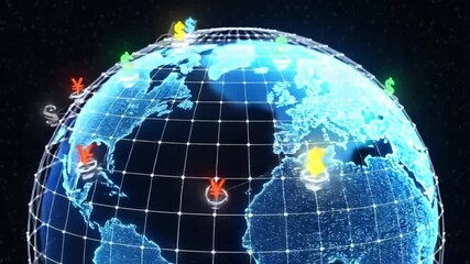 Global financial connections with glowing grid lines and colorful symbols on a blue earth