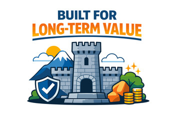 Castle symbolizing long-term value with mountains and shield