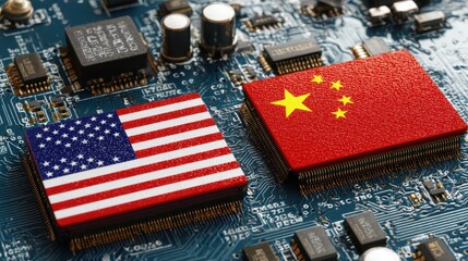 USA and China flags on computer microchips on a circuit board, symbolizing semiconductor trade and technology rivalry
