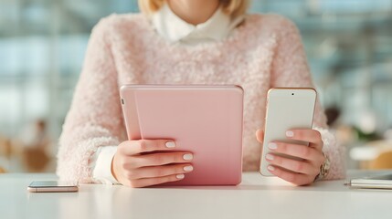 Woman is sitting at a table with a pink tablet and two white cell phones. She is using the tablet to browse the internet while the cell phones are nearby. Concept of productivity and multitasking